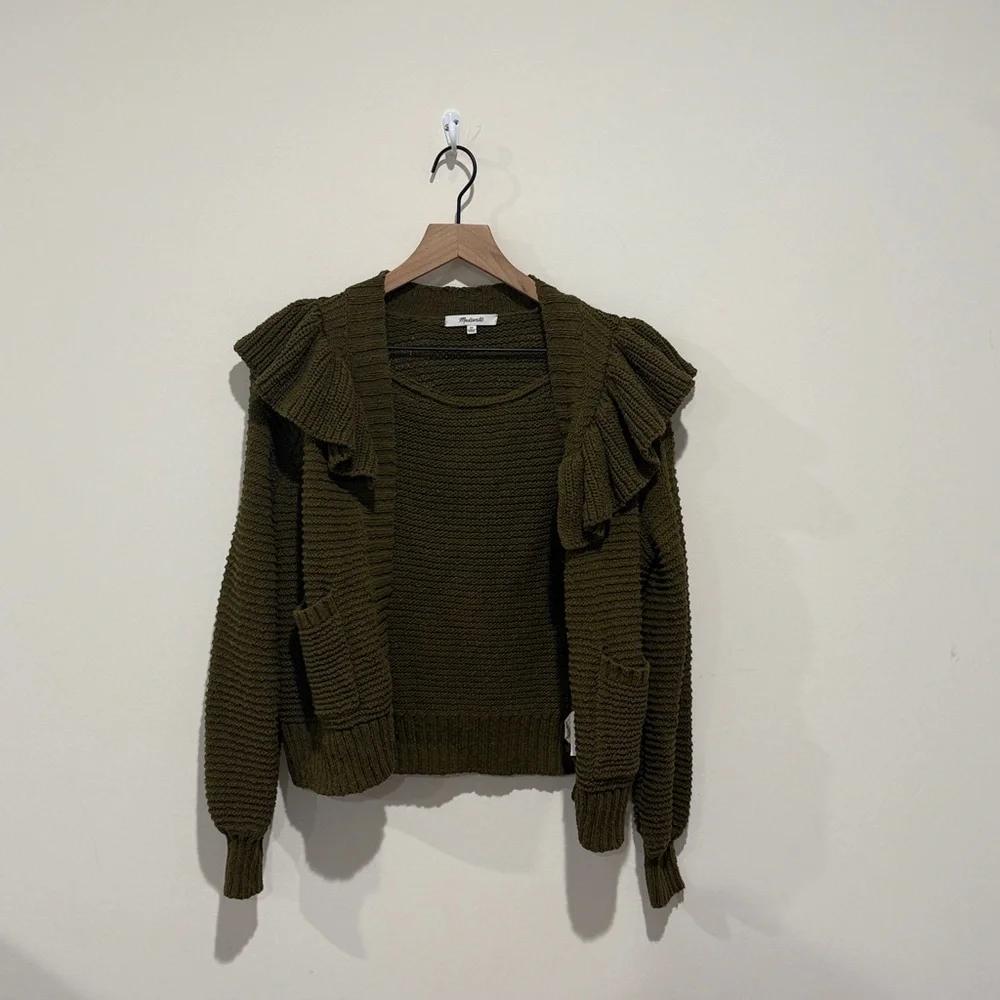 •  Madewell • Women’s Ruffle Cardigan Sweater Golden Spinach / Green/Brown XS